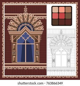 Russian carved window of the house red open the first tier