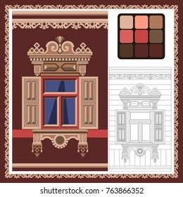 Russian carved window of the house red open second tier