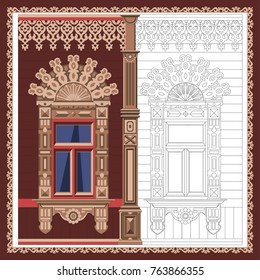 Russian carved window of the house red open second tier