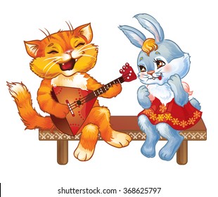 Russian cat and bunny  playing the balalaika and sing.  Vector clip-art illustration on a white background.