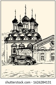 Russian Cathedral in Moscow, Russia. Black and white sketch, line art. Dashed style. Poster, calendar, postcard. Summer day black and hand drawing with pen and ink.