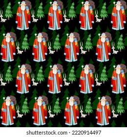 Russian Christmas: Ded Moroz (Grandfather Frost) with a bag of gifts, rabbit and Christmas tree.Seamless background pattern. Vector illustration

