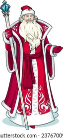 Russian Christmas and New Year Mythological Character Father Frost in red coat with black lineart illustration