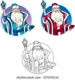 Russian Christmas and New Year Mythological Character Father Frost in blue and red coat with black lineart illustration