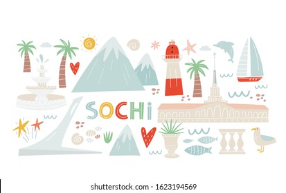 Russian city - Sochi. Print in a modern flat style.