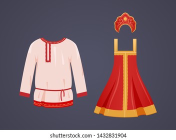 Russian clothes. Traditional Russian national clothes are women's elegant dress and mockup of men white shirt. Ethnic decorative ornament and patterns shirt. Vector illustration isolated.