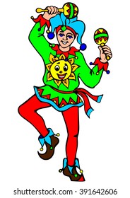 Russian clown dancing with rattles. Vector illustration