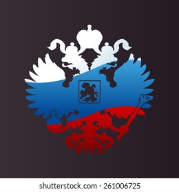 Russian coat arms double-headed eagle emblem. Symbol of empire Russia flag