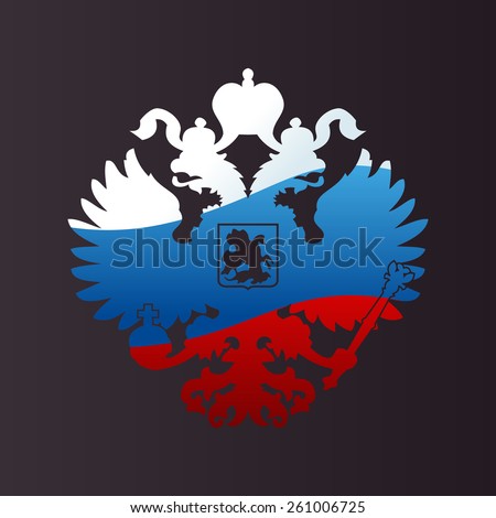 Russian coat arms double-headed eagle emblem. Symbol of empire Russia flag
