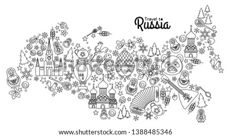 Russian colored icons thin line background Russia map pattern. Vector collection Russian culture signs and symbols, Moscow Kremlin, Cathedral, russian doll, balalaika, samovar, bear.
