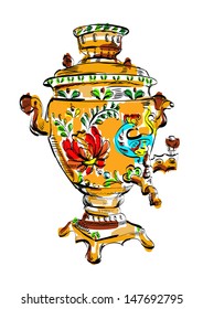 Russian colorful samovar, vector, sketch, tea, illustration
