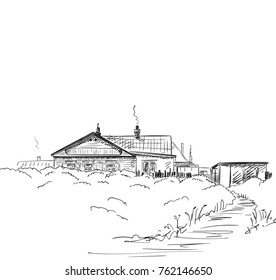 Russian country style house in village in central Kazakhstan overgrowth with bushes, Hand drawn vector illustration