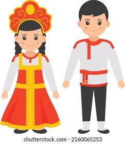 Russian couple standing together Concept, Man wearing Kosovorotkas and girl with sarafan and poneva vector color icon design, World Indigenous Peoples symbol, characters in casual clothes Sign