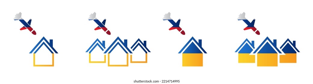 Russian Cruise Missiles Attack Ukrainian City. Cruise Missile Icon And Home Icon. Vector Illustration.