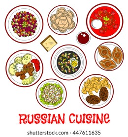 Russian cuisine with borscht and cold soup with rye bread kvass, beef stroganoff and cutlets with potatoes, meat and vegetable salads, dumplings and meat pies piroshki with fruity drink kompot