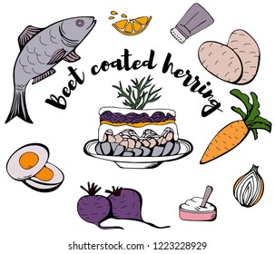 Russian cuisine. Herring under a fur coat (dressed herring) ingredients, vector sketch