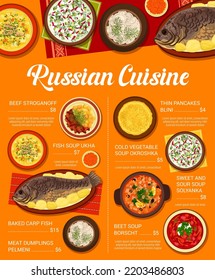 Russische Küche mit traditionellen Speisen und Mahlzeiten, Vektor Restaurant Lunch Poster. Russische Küche Borschtsch Rübensuppe und Rindfleisch Stroganoff, Blini Pfannkuchen und Fleischdummeln pelmeni