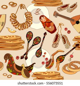 Russian cuisine seamless pattern. Hand drawn Russia national food, traditional background 