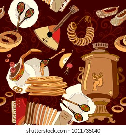 Russian Cuisine Seamless Pattern, Pancakes, Samovar, Balalaika. Russian Culture And Traditions Pattern 