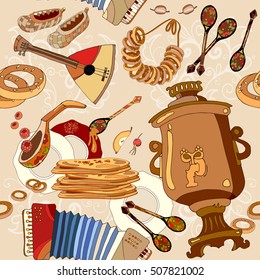 Russian cuisine seamless pattern, russian pancakes, samovar, balalaika. Russian culture and traditions background 