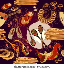 Russian cuisine seamless pattern, pancakes, balalaika. Russian culture and traditions seamless background 