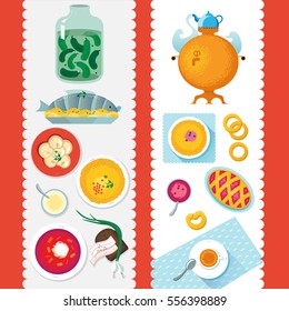 Russian cuisine. Template for menu with cooking utensils and foo