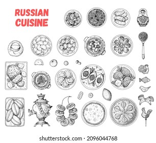 Russian cuisine top view. Food menu design elements. Traditional dishes. Russian food. Doodle collection. Vintage hand drawn sketch vector illustration. Menu background. Engraved style