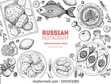 Russian cuisine top view frame. Food menu design elements. Traditional dishes. Russian food. Doodle collection. Vintage hand drawn sketch vector illustration. Menu background. Engraved style.