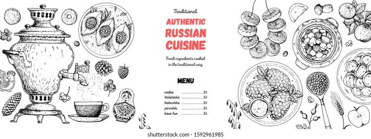 Russian cuisine top view frame. Food menu design elements. Traditional dishes. Russian food. Doodle collection. Vintage hand drawn sketch vector illustration. Menu background. Engraved style.