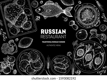 Russian cuisine top view frame. Food menu design elements. Traditional dishes. Russian food. Doodle collection. Vintage hand drawn sketch vector illustration. Menu background. Blackboard cover.