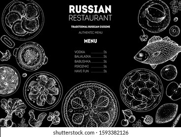 Russian cuisine top view frame. Food menu design elements. Traditional dishes. Russian food. Doodle collection. Vintage hand drawn sketch vector illustration. Blackboard menu background. 