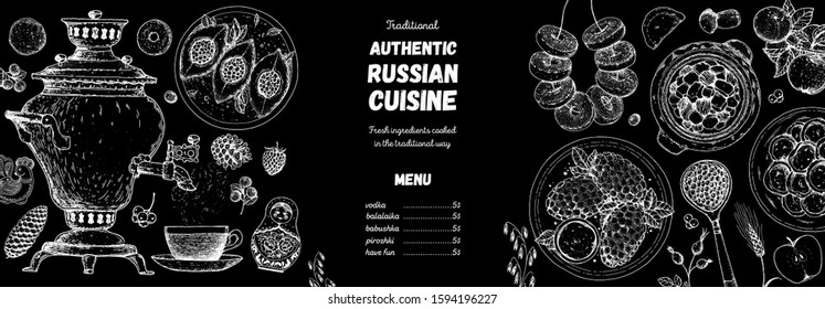 Russian cuisine top view frame. Food menu design elements. Traditional dishes. Russian food. Doodle collection. Vintage hand drawn sketch vector illustration. Menu background. Engraved style.