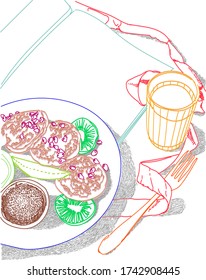 Russian cuisine top view frame. A set of dishes with cottage cheese pancakes, milk and kiwi. Food diet breakfast menu design template. Vintage hand drawn sketch vector illustration. Engraved image