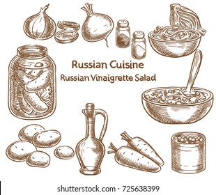 Russian cuisine, russian vinaigrette salad, ingredients, vector sketch