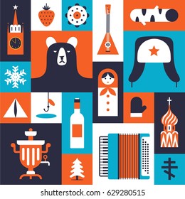 Russian cultural symbols. Set of flat icons. Travel concept. Traditional cuisine and clothes, nature and landmarks, etc. Isolated elements on color background. Vector illustration for Your design.
