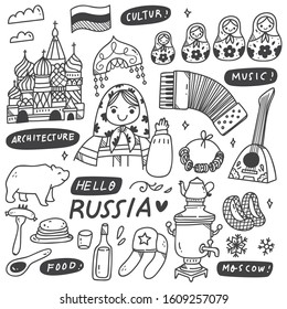 Russian Culture Doodles Set, Food and Drink, Music Instruments, Traditional Clothes, Building 