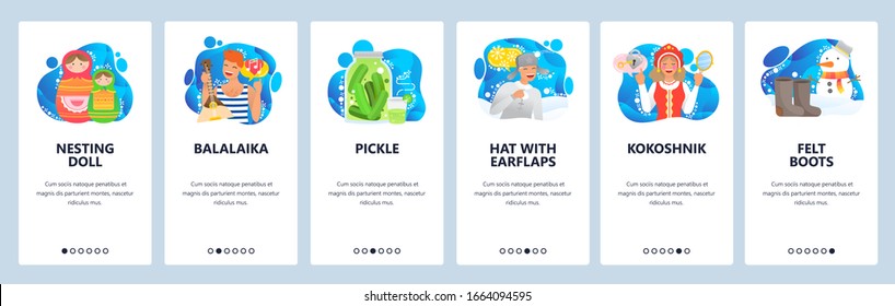 Russian culture icons. Nesting doll, kokoshnik, balalaika. Russian girl in traditional dress. Mobile app screens. Vector banner template for website mobile development. Web site design illustration.