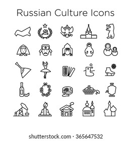 Russian Culture Icons, Culture Signs of Russia, Traditions of Russian Federation, Russian Life, National Objects of Russia, Black Line Icons, Black Stroke Icons, Russian Culture Line Black Icons