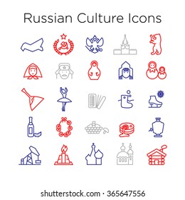 Russian Culture Icons, Culture Signs of Russia, Traditions of Russian Federation, Russian Life, National Objects of Russia, Colored Line Icons, Colored Stroke Icons, Russian Culture Line Color Icons