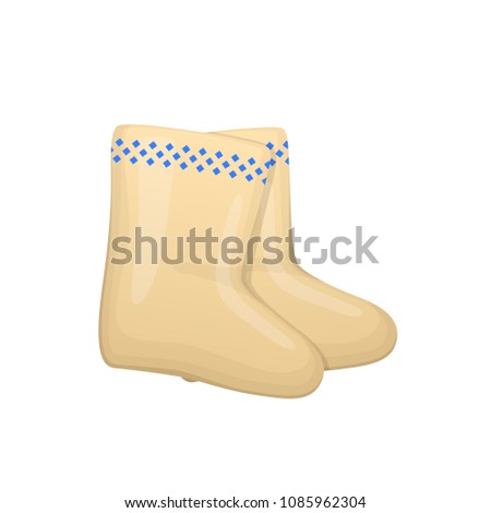 Russian culture, landmarks and symbols. Pair of Russian traditional boots with decorative ornaments. Winter warm shoes. Warm soft boots made of wool. Vector illustration isolated.