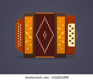 Russian culture music. Modern musical instrument accordion. Classic accordion, harmonious sound. Realistic keyboard wooden musical instrument. Vector illustration isolated.