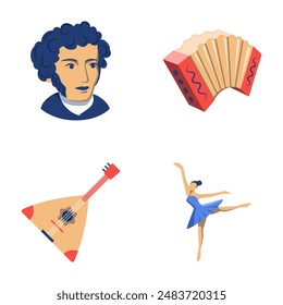 Russian culture national symbols flat icon set. Music instruments, ballet, poet line icons. Vector illustration.