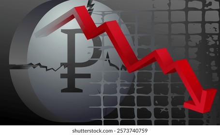 Russian Currency Ruble Symbol sing collapse banner, template, background, web. panic trade,  sanctions, duties.