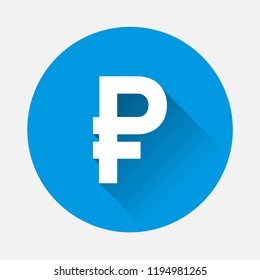  Russian currency ruble vector icon on blue background. Flat image symbol of the ruble with long shadow. Layers grouped for easy editing illustration. For your design.