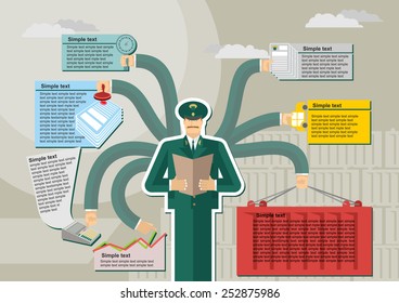 Russian Customs Service infographic. Kntejner, weigh, report. Working time. Man in uniform.