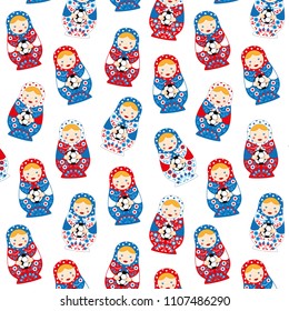 Russian cute traditional toy nesting doll girl matroshka with football. For sport, pattern with craft symbol of Russia, flag colors, illustration. Souvenir, for t-shirt, textile print, postcard.