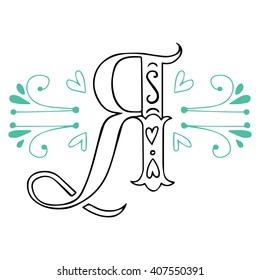 Russian cyrillic alphabet letter. Vintage hand lettering monogram with cute design elements: hearts and splashes in vector. Letter "R" can be used for posters, cards, invitations, t-shirts and bags.