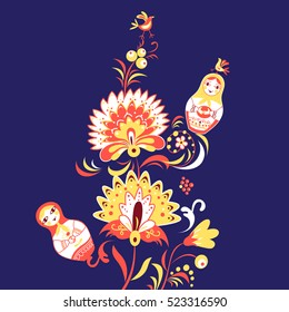 Russian decorative background with flowers and dolls