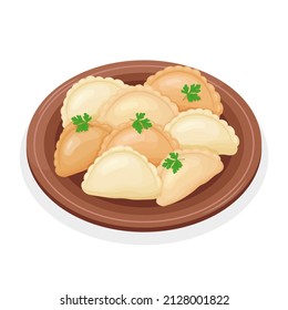  Russian dish dumplings in a wooden plate, with parsley, on a white background. Vector illustration.
