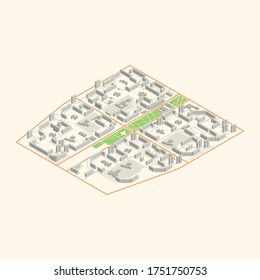 Russian district with apartment buildings and park